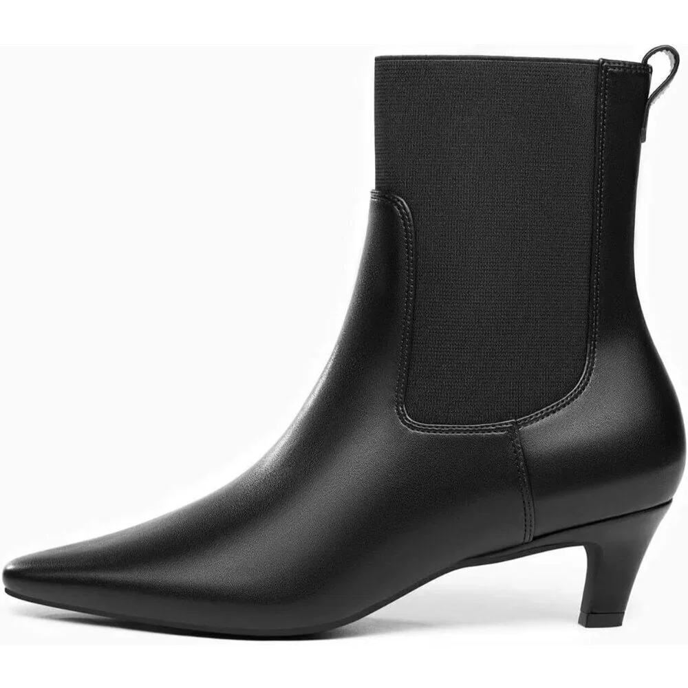 Women's Black Pu Ankle Low Kitten Heel Pointed Toe Slip On Dressy Winter Boots